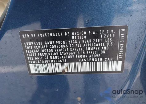 2017 Volkswagen Jetta 1.4T Se z USA, uszkodzony, nr VIN 3VWDB7AJ0HM293674